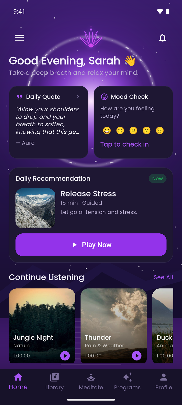 Aura home screen with today’s aura, mood and quick access