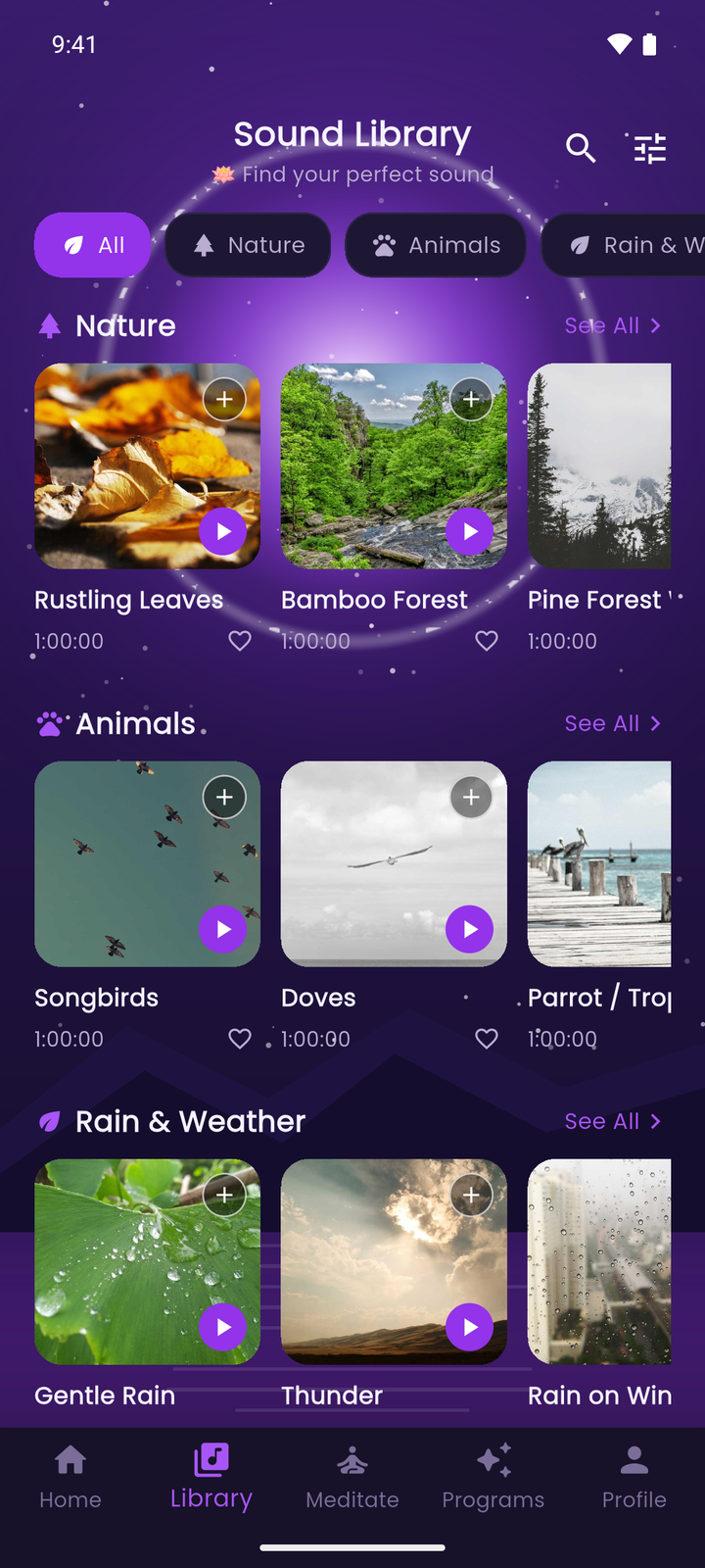 Sound library with nature, animal and rain sounds