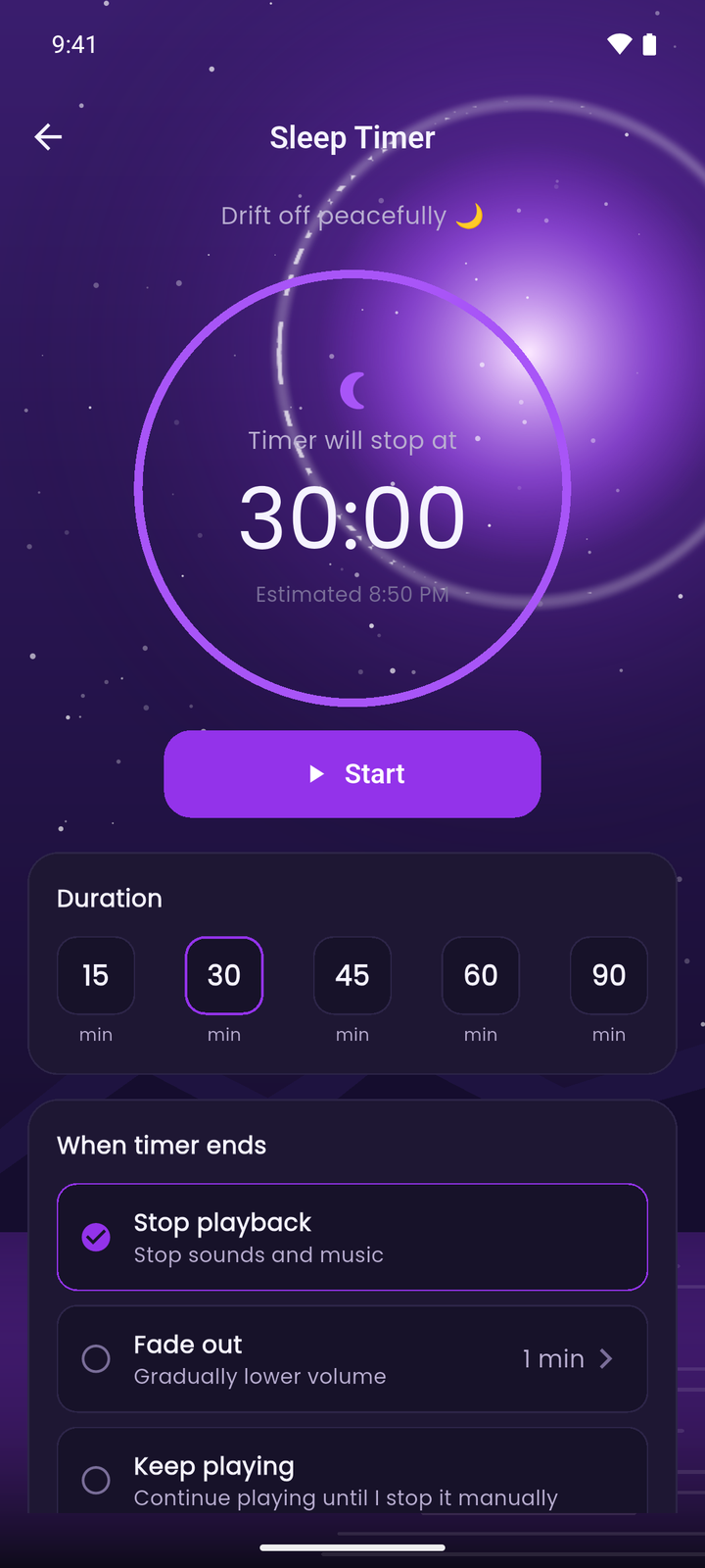 Sleep timer with duration and fade-out options